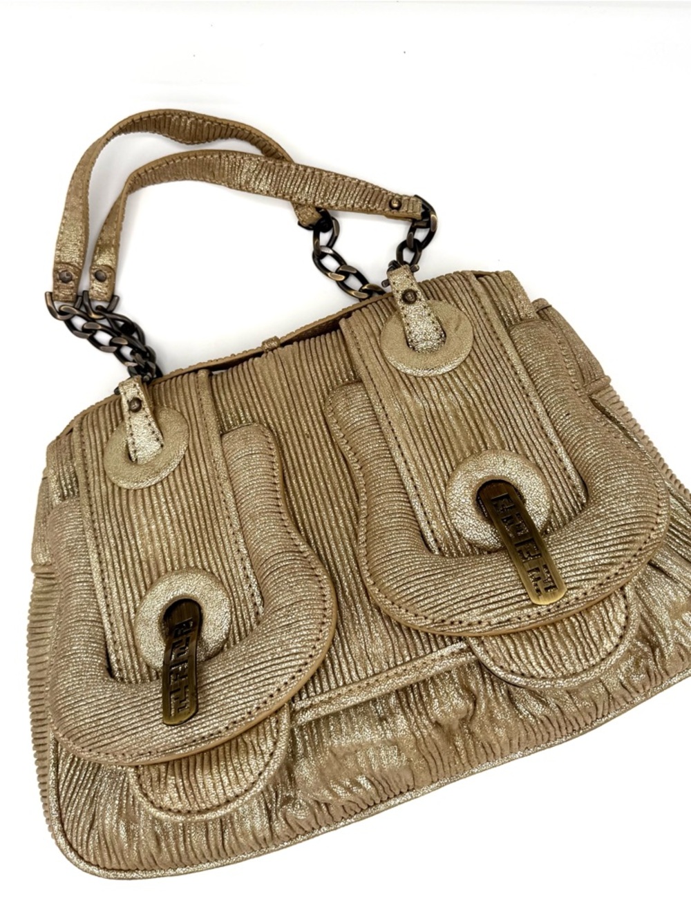Fendi Metallic Gold Corduroy Textured B Bag Shoulder Bag